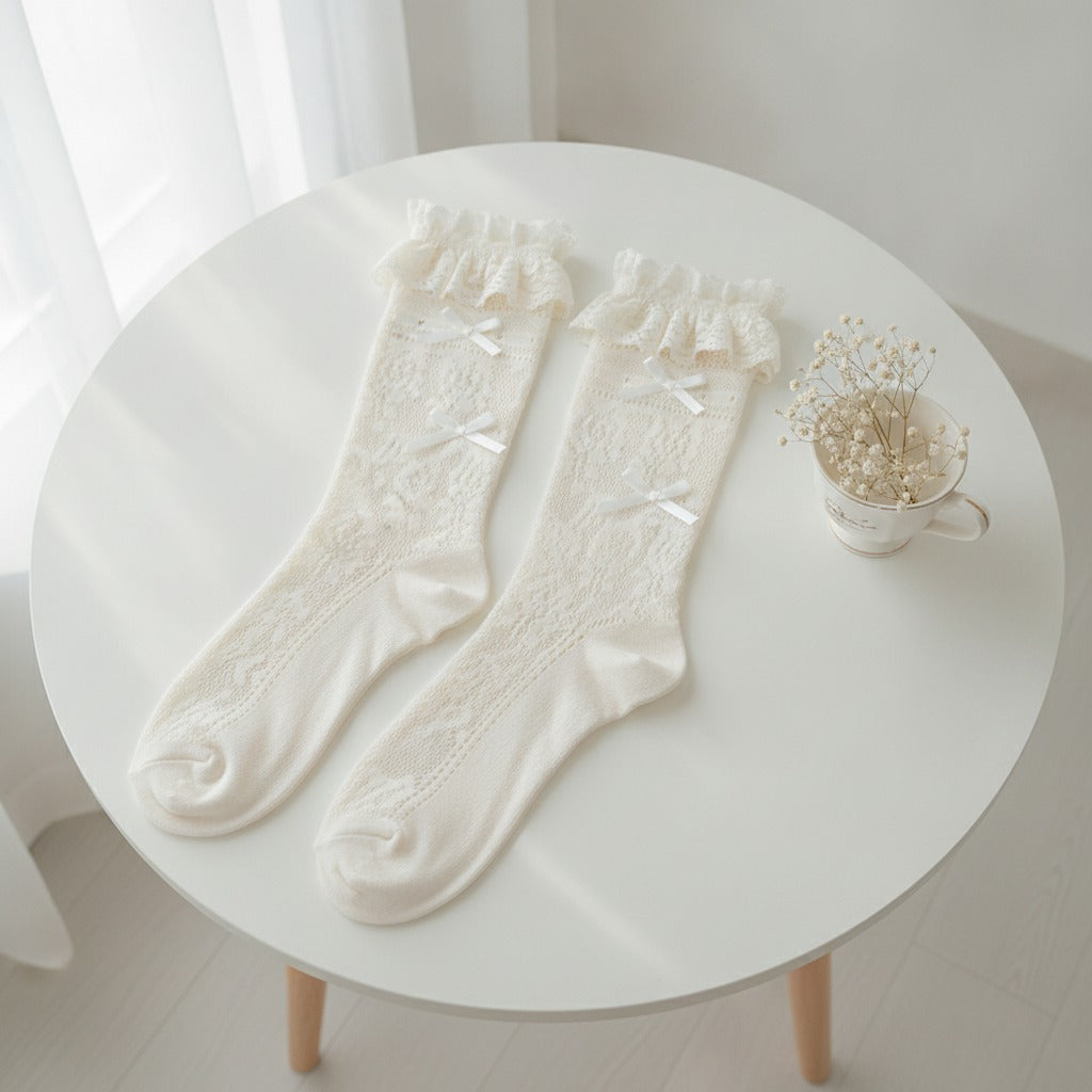 Lace Ruffle Knee High Socks - White