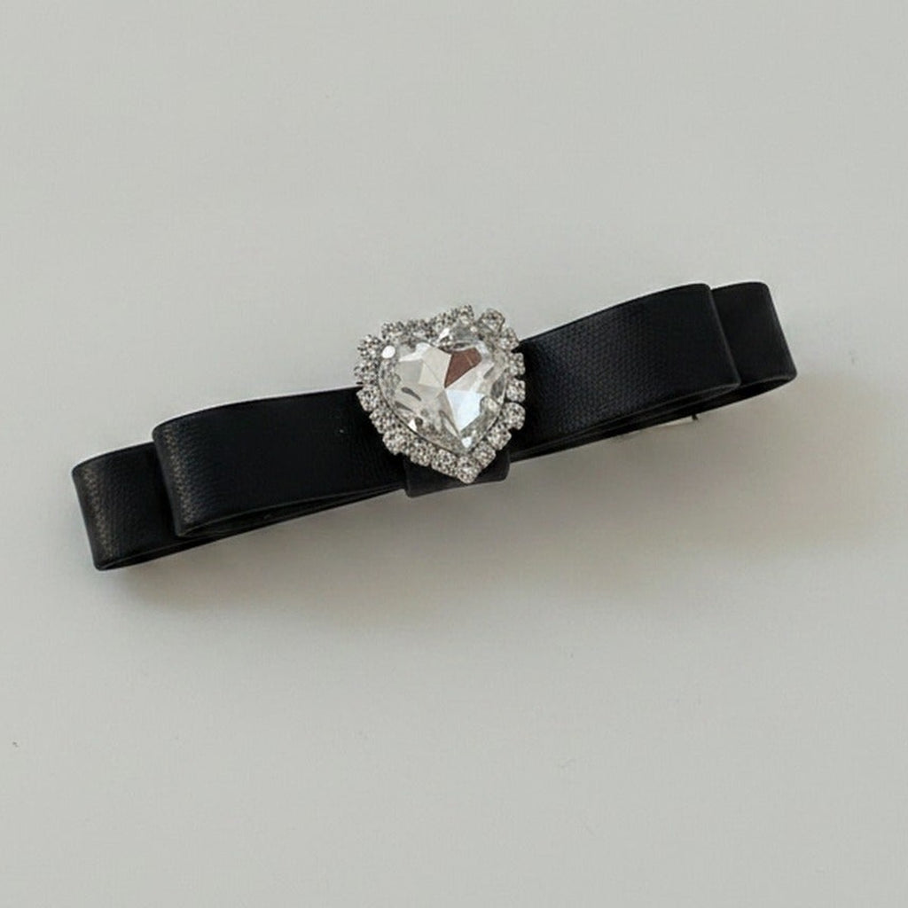 Black Velvet Bow Hair Clip with Rhinestone Center – hair accessories (view 1)