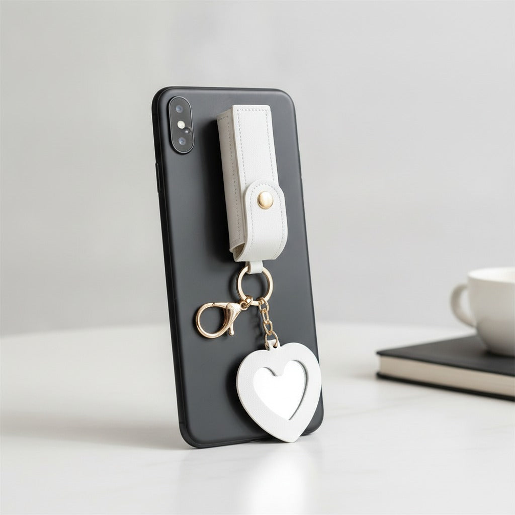 Heart Cutout Leather Keychain - White