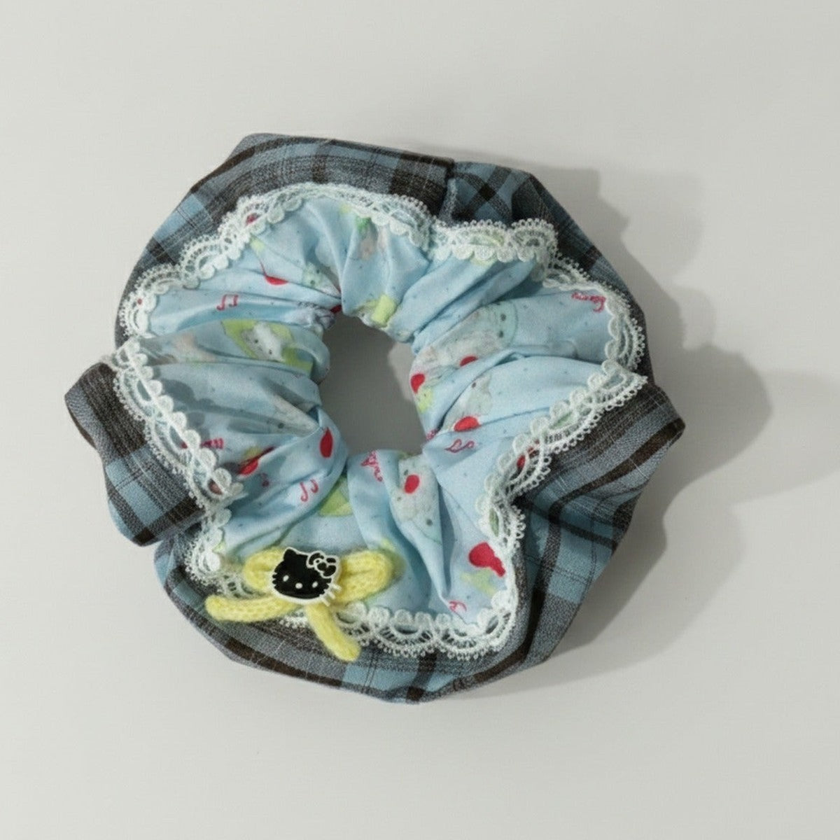 Plaid Lace-Trim Scrunchie with Hello Kitty Charm – hair accessories (view 1)