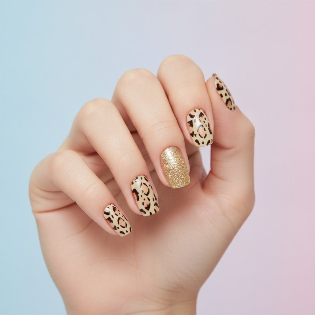 Leopard & Glitter Press-On Nails Set - Gold Leopard