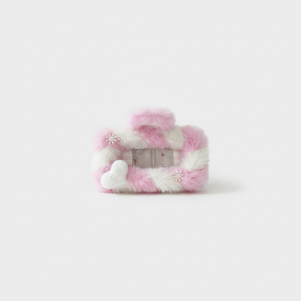 Fuzzy Pink & White Heart Charm Keychain Pink & White