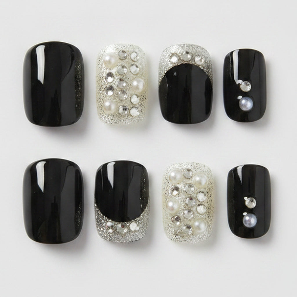 Pearl & Rhinestone Press-On Nails Set - Black & Pearl