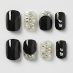 Pearl & Rhinestone Press-On Nails Set - Black & Pearl