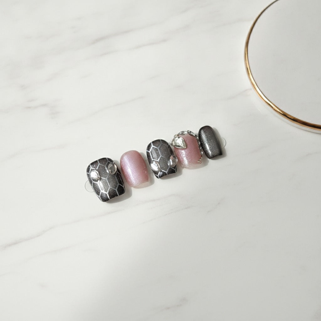 Glam Gem Press-On Nail Set - Pink & Charcoal