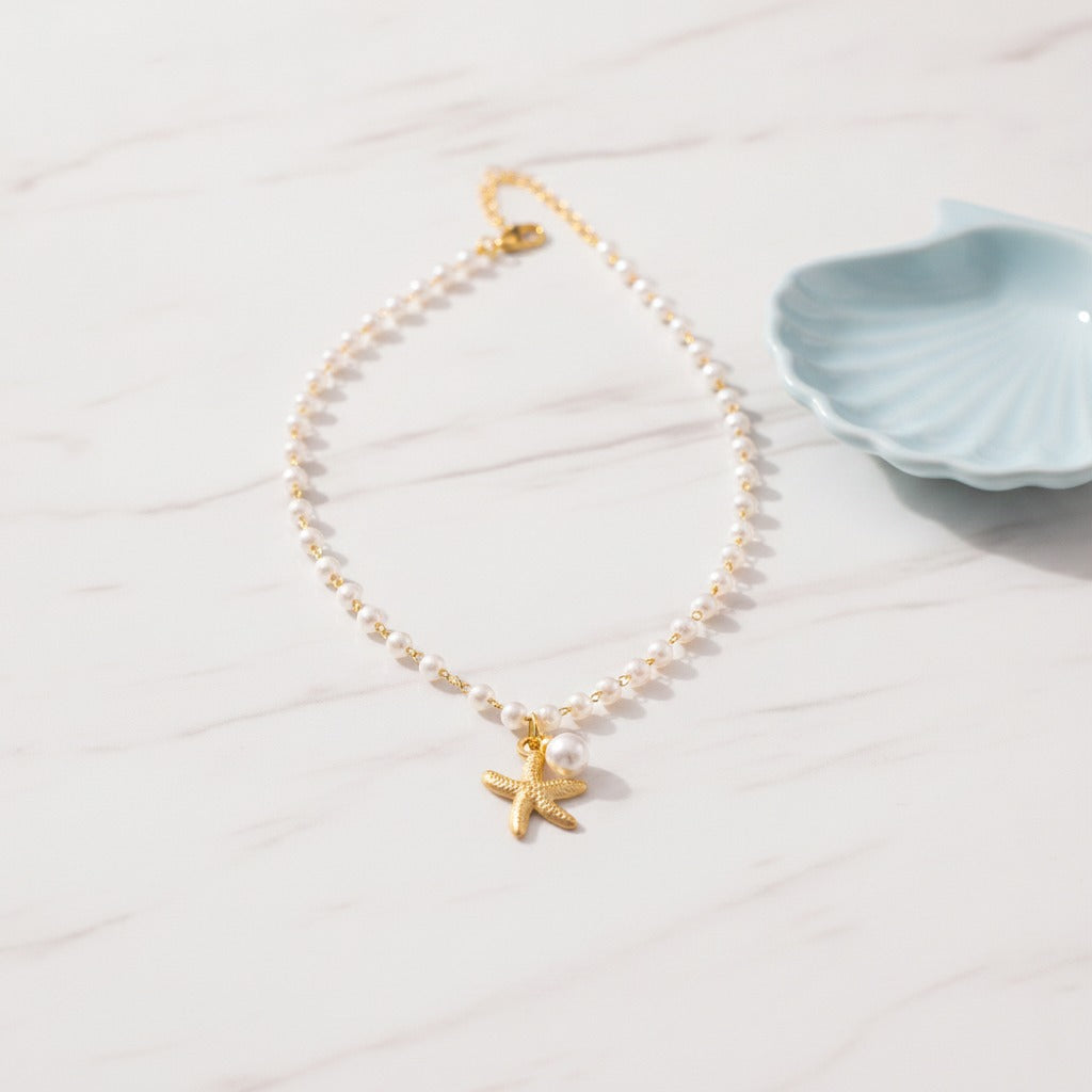 Pearl Starfish Charm Necklace - Gold Starfish