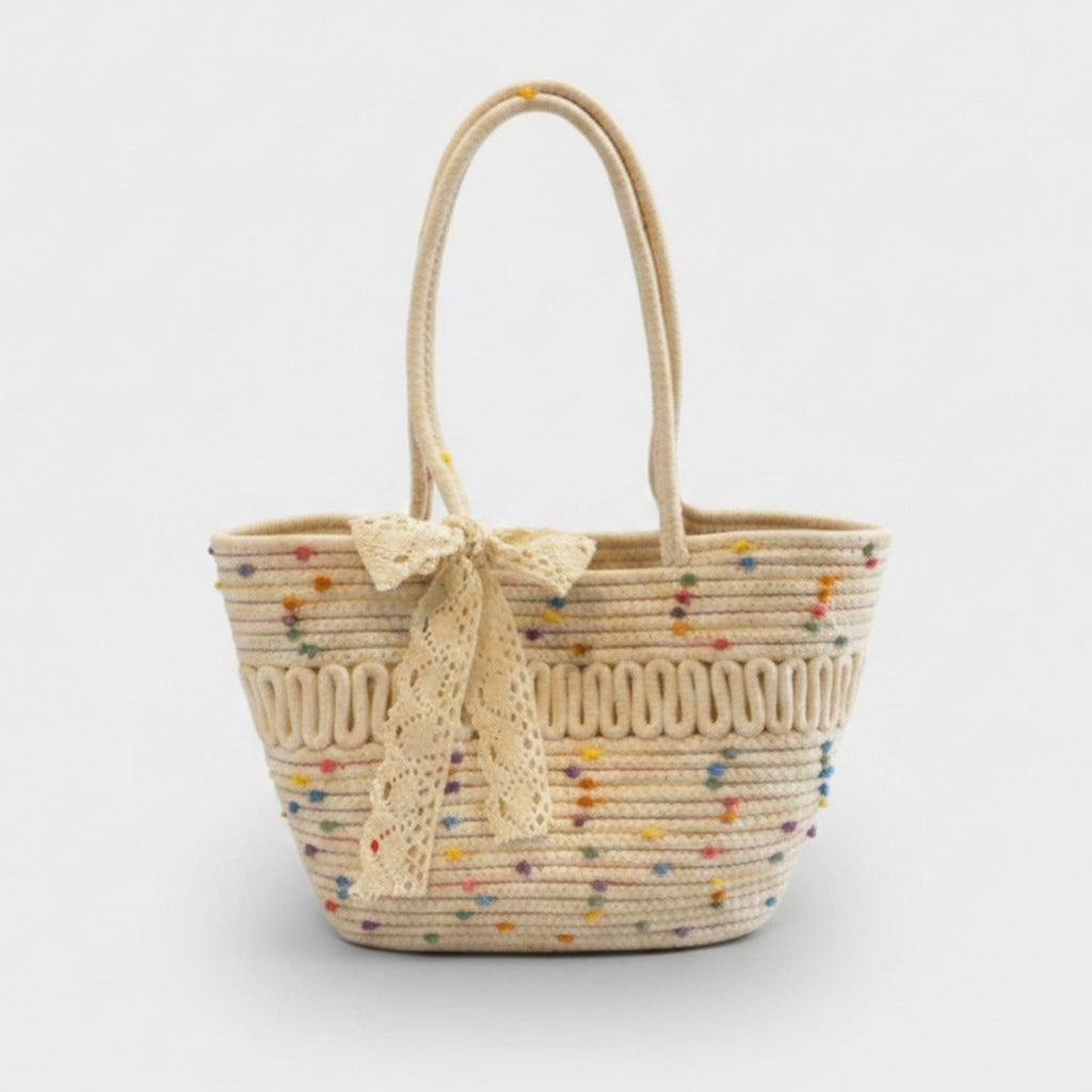 Colorful Beaded Straw Tote Bag With Lace Bow – apparel accessories (view 1)