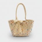 Colorful Beaded Straw Tote Bag With Lace Bow – apparel accessories (view 1)