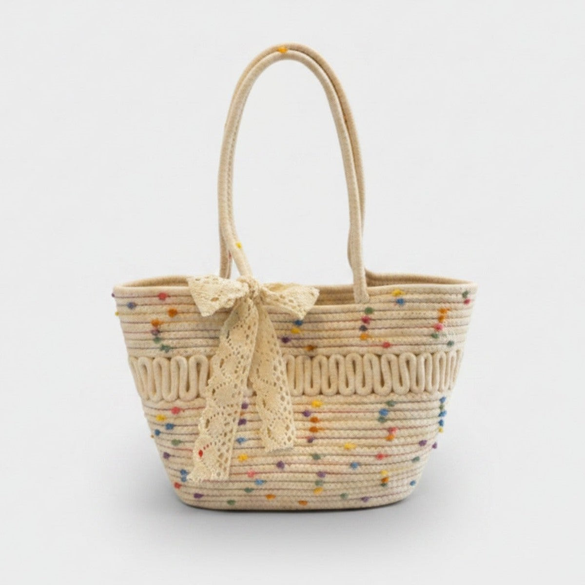 Colorful Beaded Straw Tote Bag With Lace Bow – apparel accessories (view 1)
