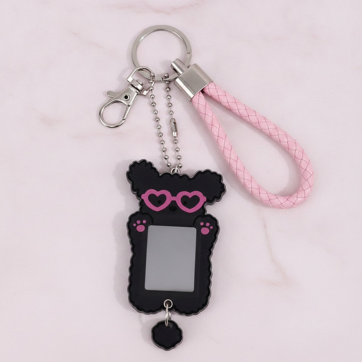 Puppy Photo Frame Keychain - Black Pup Pink Glasses