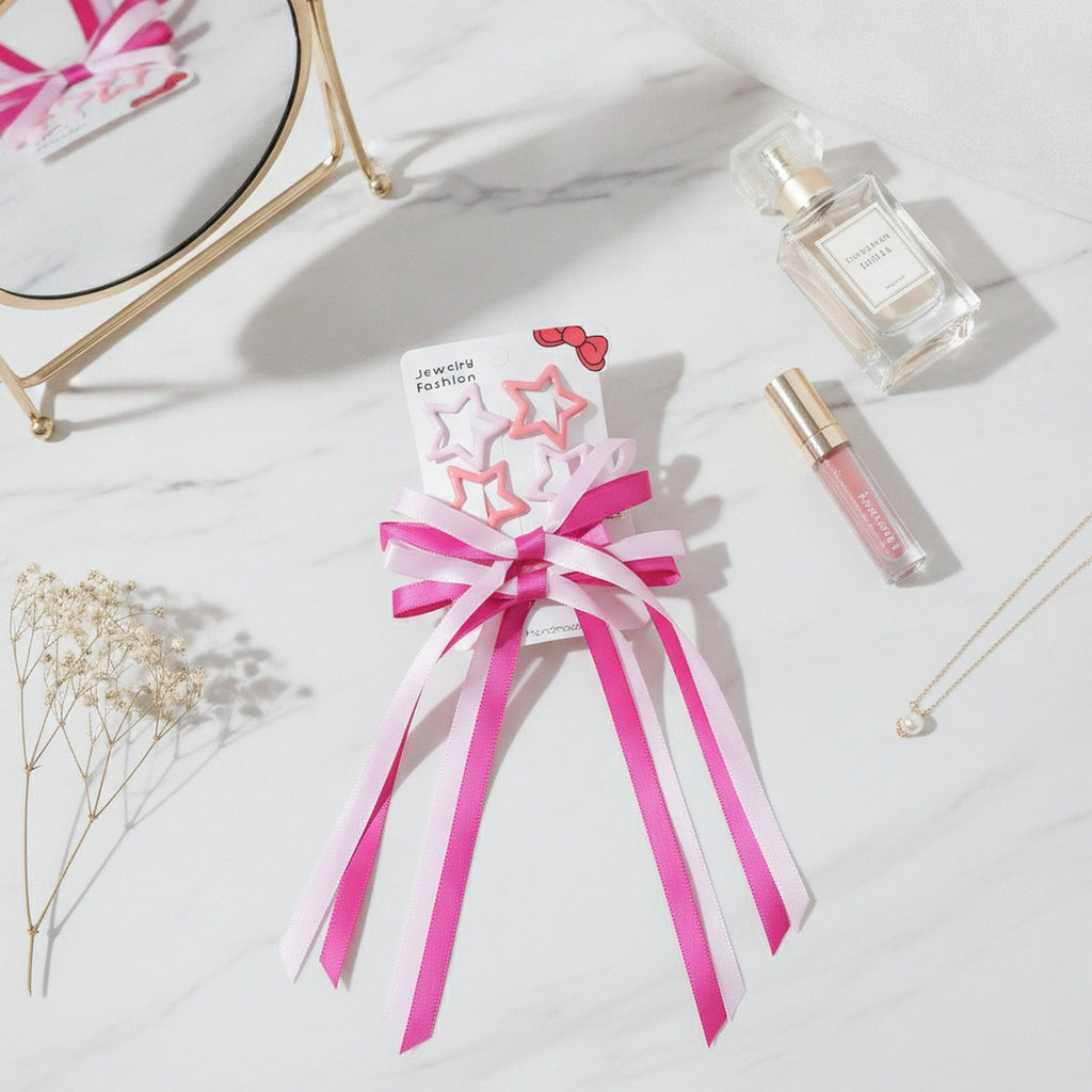 Star & Bow Hair Clip Set Pink & Light Pink