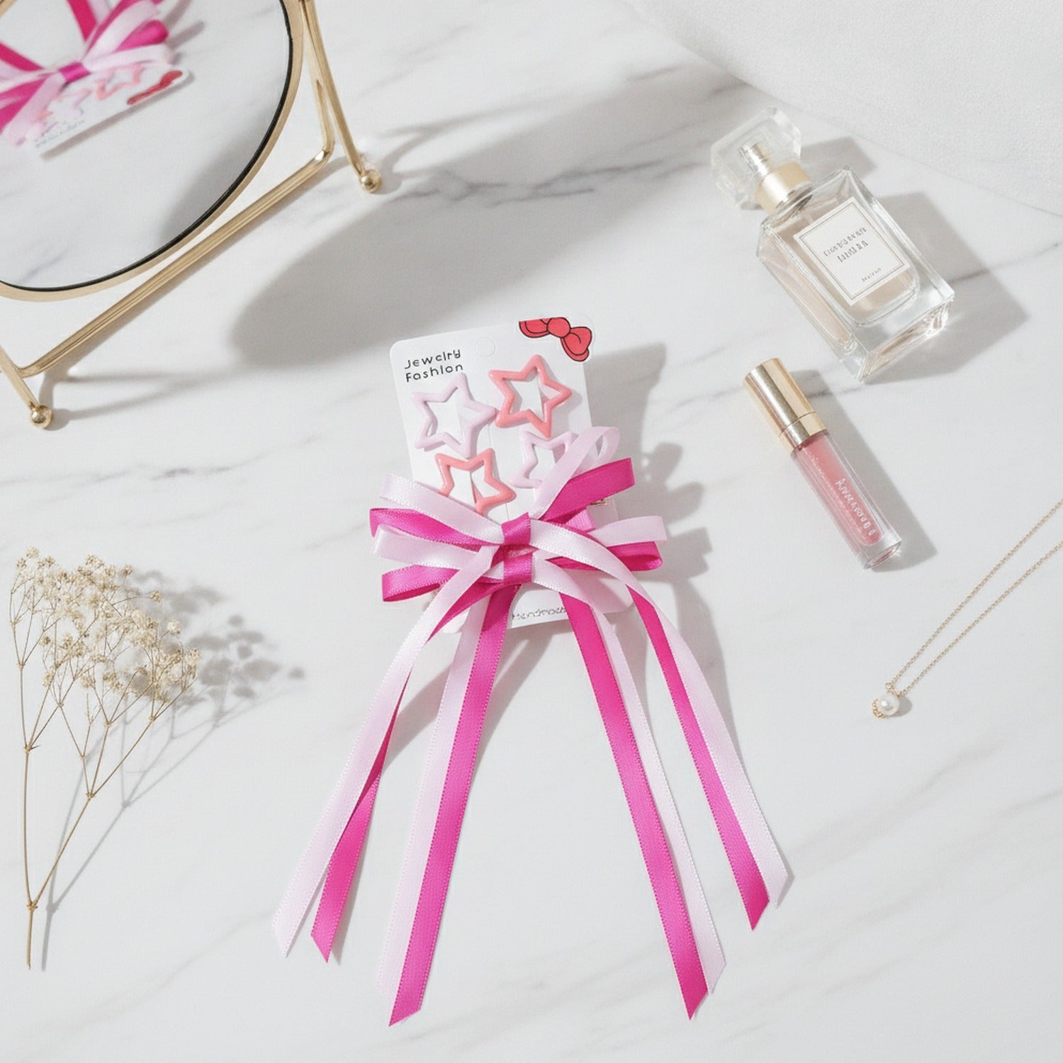 Star & Bow Hair Clip Set Pink & Light Pink