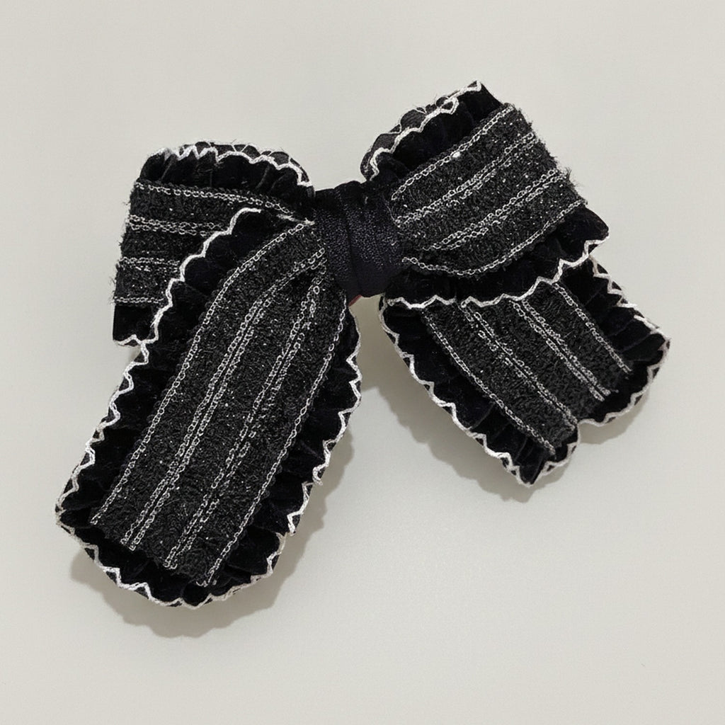 Black Striped Bow Hair Clip With Lace Trim – hair accessories (view 1)