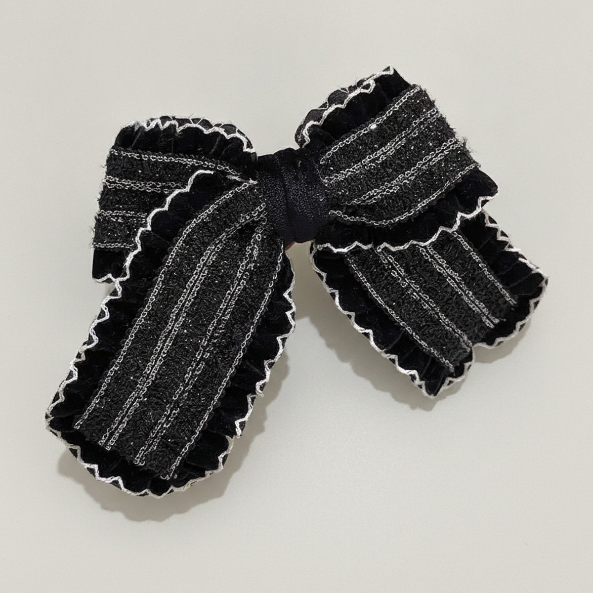 Black Striped Bow Hair Clip With Lace Trim – hair accessories (view 1)