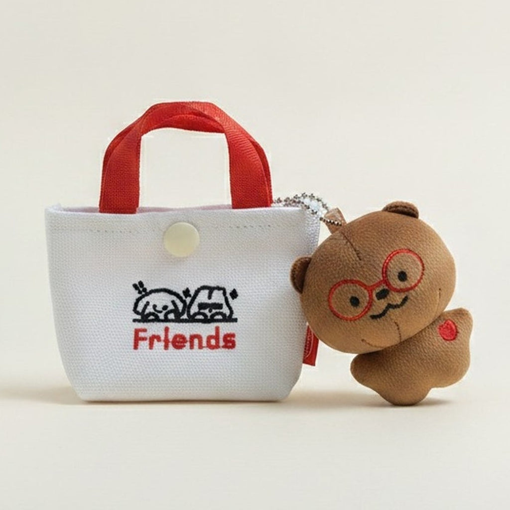 White Embroidered Friends Canvas Mini Bag Pendant with Bear Keychain – novelty & toys (view 1)