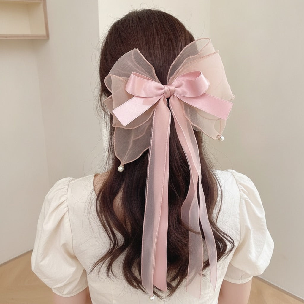 Sheer Bow Hair Claw - Soft Pink