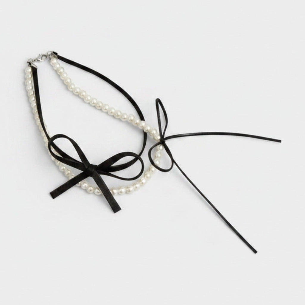 Pearl Beaded Choker Set With Black Ribbon Bow – jewelry (view 1)
