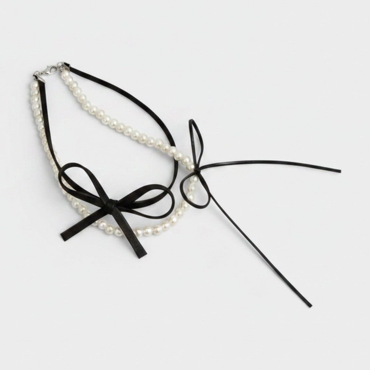 Pearl Beaded Choker Set With Black Ribbon Bow – jewelry (view 1)