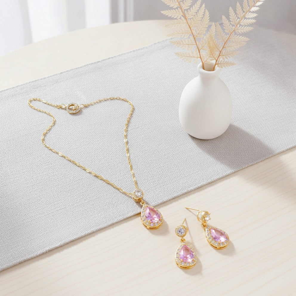 Pink Crystal Drop Jewelry Duo - Gold