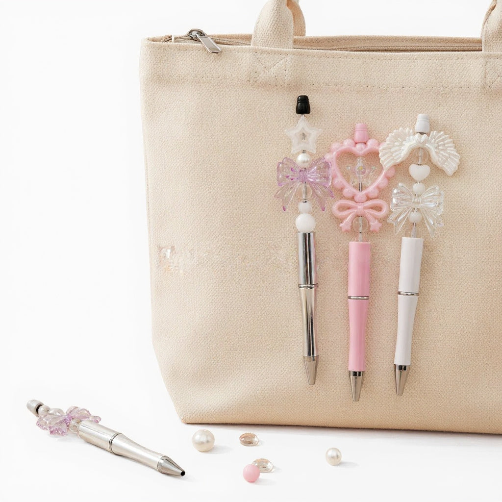 Charm Beaded Pen Set - Pearl Bow on bag
